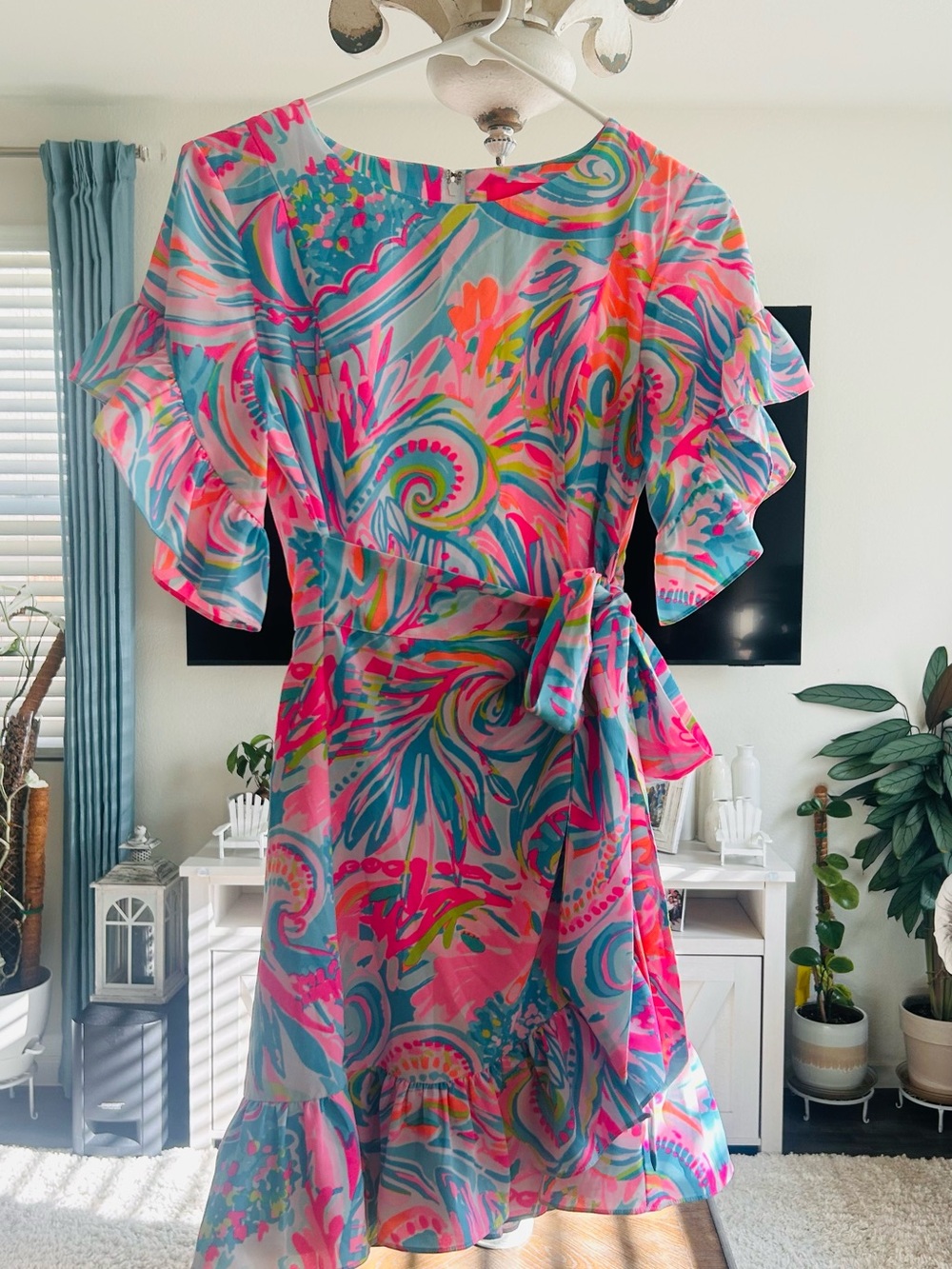 Lilly Pulitzer Pink Teal Multicolor Floral Wrap Midi Dress